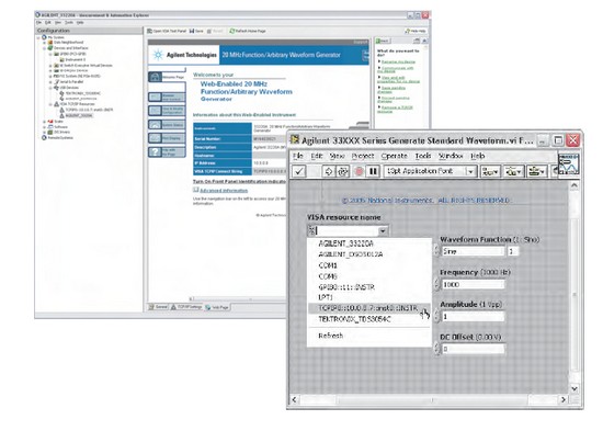 NI-VISA automatically discovers compatible LXI instruments, which LabVIEW can then immediately control.