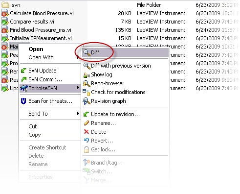 Figure 2: The TortoiseSVN Client for Subversion can invoke graphical differencing with the command-line interface in LabVIEW 2009 or later.