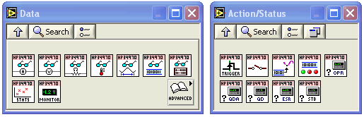 Two of the palettes installed with the 34970A LabVIEW instrument driver.