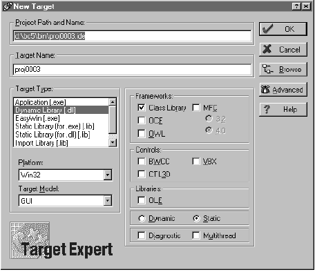 Uncheck the OWL option under Frameworks. Choose Dynamic Library [.dll] in the Target Type: control.